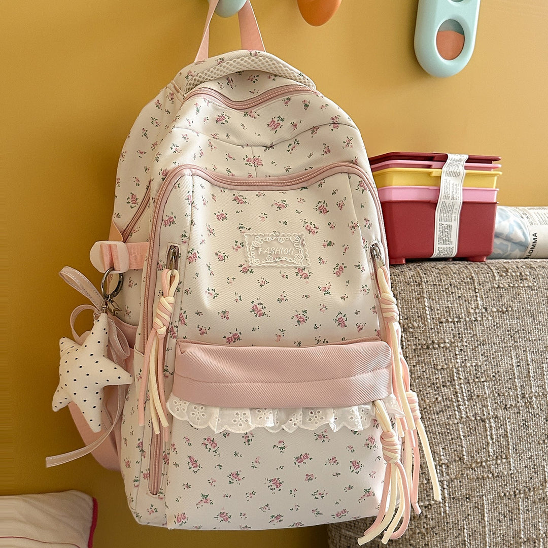 Elegant Floral-Print Multi-Compartment School Backpack
