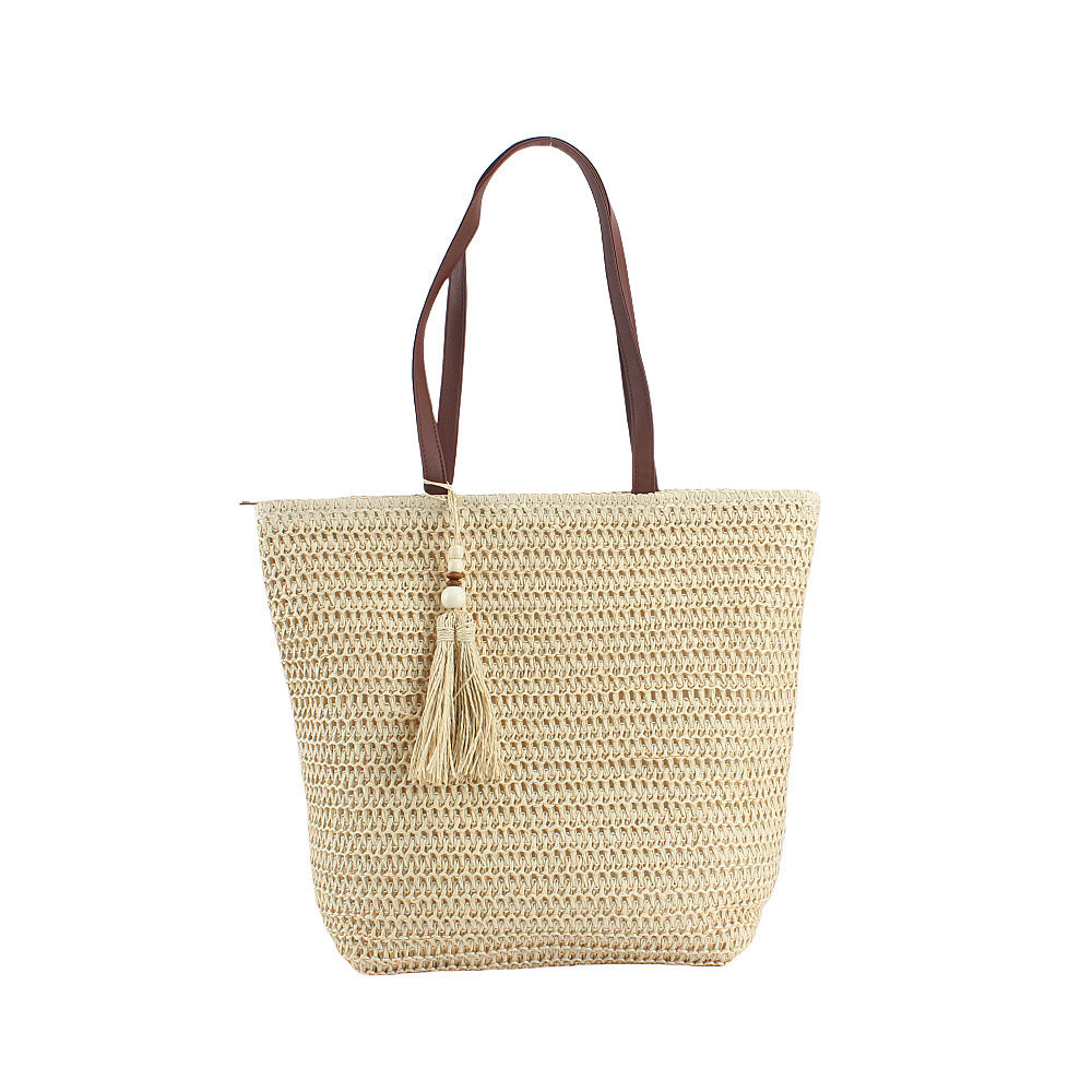 Spacious Shoulder Bag Made of Braided Natural Material with Decorative Tassel Kalsten