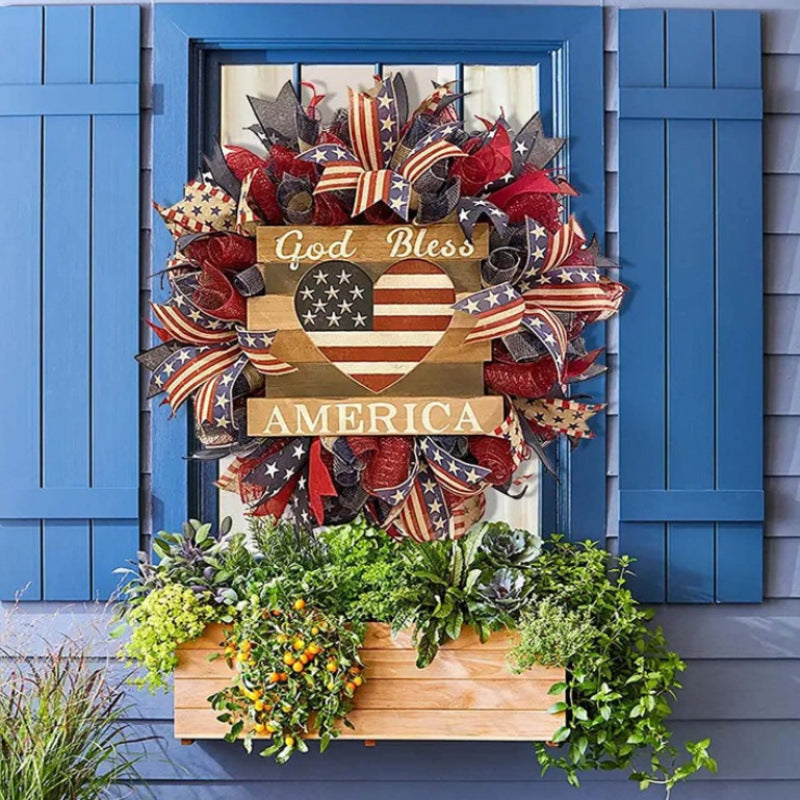 Unisex rustic patriotic door wreath with wooden sign heart motif and bow bouquet Kalsten
