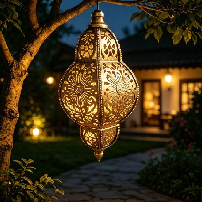 Ornate Moroccan Cutout Metal Hanging Pendant Light With Decorative Shadow Projection And Ceiling Canopy Kalsten