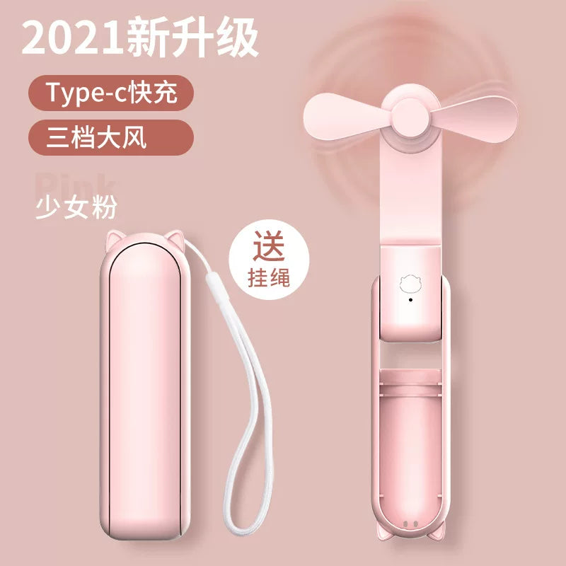 Unisex One Size Foldable Rechargeable Triple Handheld Mini Fan with Integrated Power Bank USB-C and USB-A Ports and Wrist Strap Kalsten