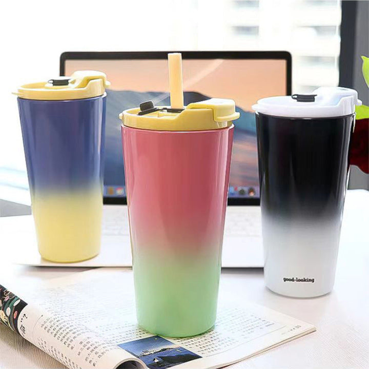 Double-Wall Vacuum Insulated Travel Tumbler With Leakproof Flip Straw Lid And Silicone Stopper