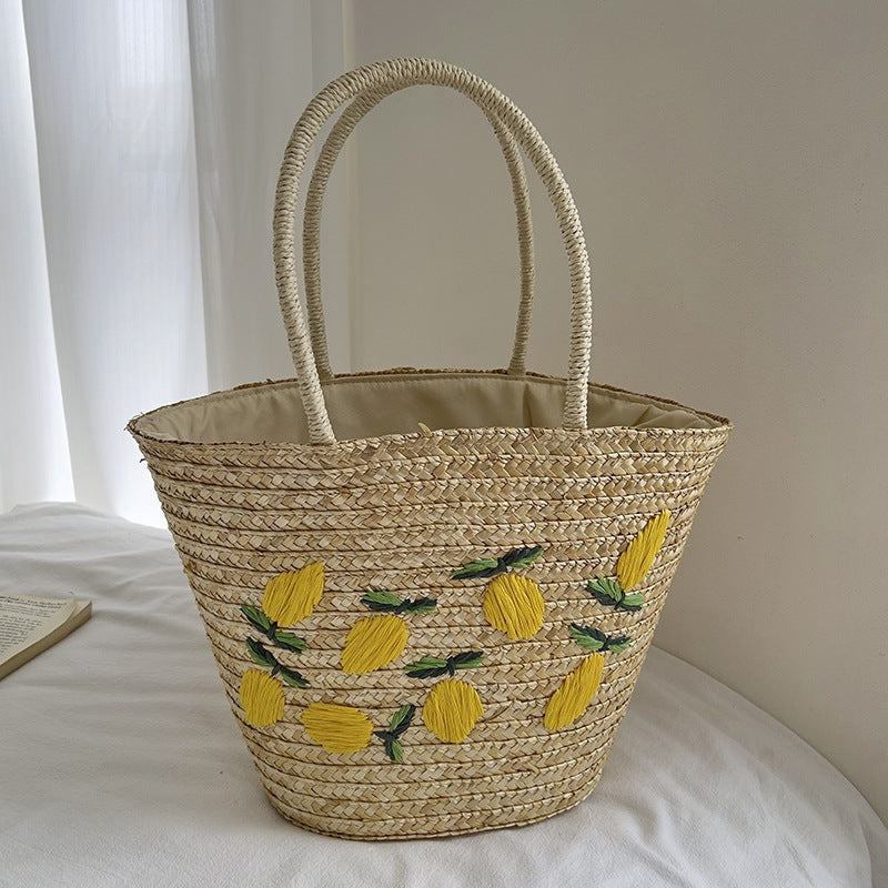 Handmade straw bag with colorful lemon motif Kalsten