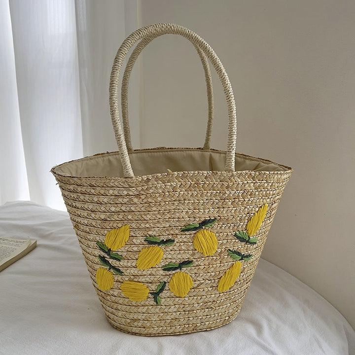 Handmade straw bag with colorful lemon motif Kalsten
