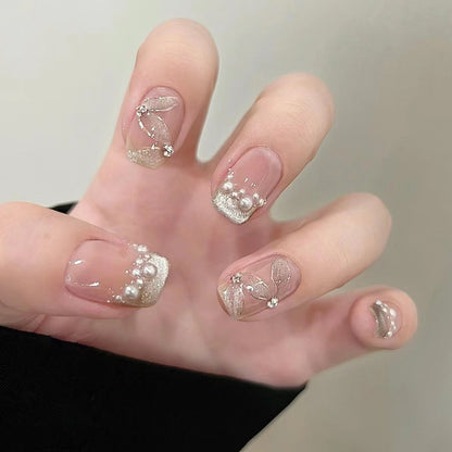 Luxurious Decorative Press-On Nail Set with Pearl and Gemstone Accents Acalora