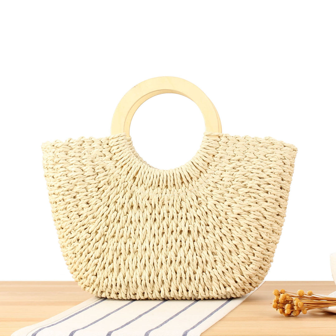 Braided raffia bag with round wooden handles Kalsten