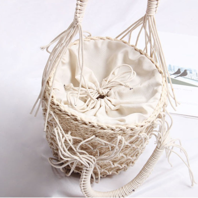 Braided Macrame Shoulder Bag with Decorative Fringe Kalsten