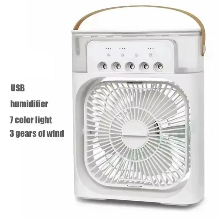 Unisex one-size portable USB humidifying fan with three speed settings and seven-color LED lighting
