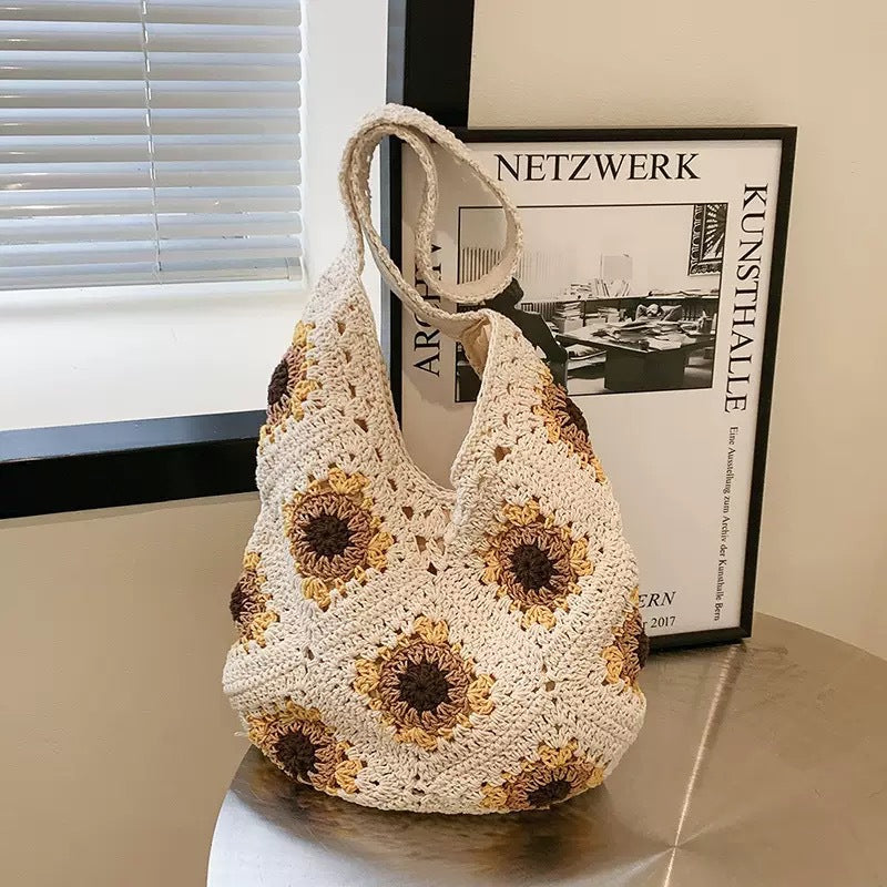 Macrame Tote Bag with Colorful Sunflower Pattern Kalsten