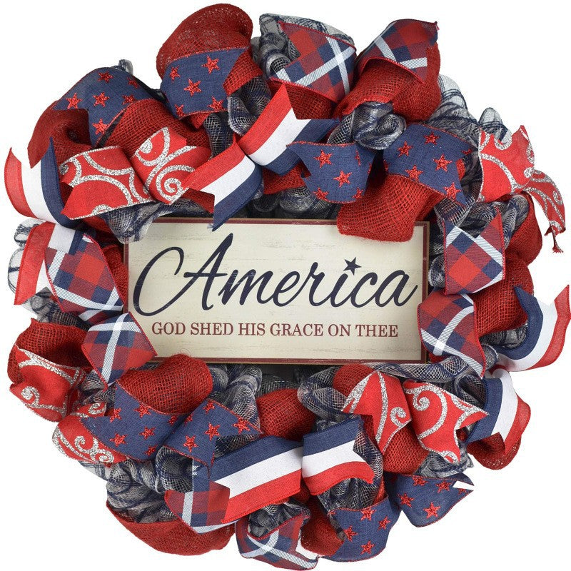 Unisex nan handcrafted Americana medallion wreath with layered deco mesh ribbons star motif bows and rustic sign Kalsten