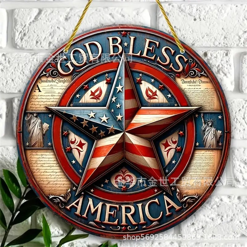 Independence Day rustic round wooden patriotic cross wall plaque with floral accents and God Bless America banner Kalsten