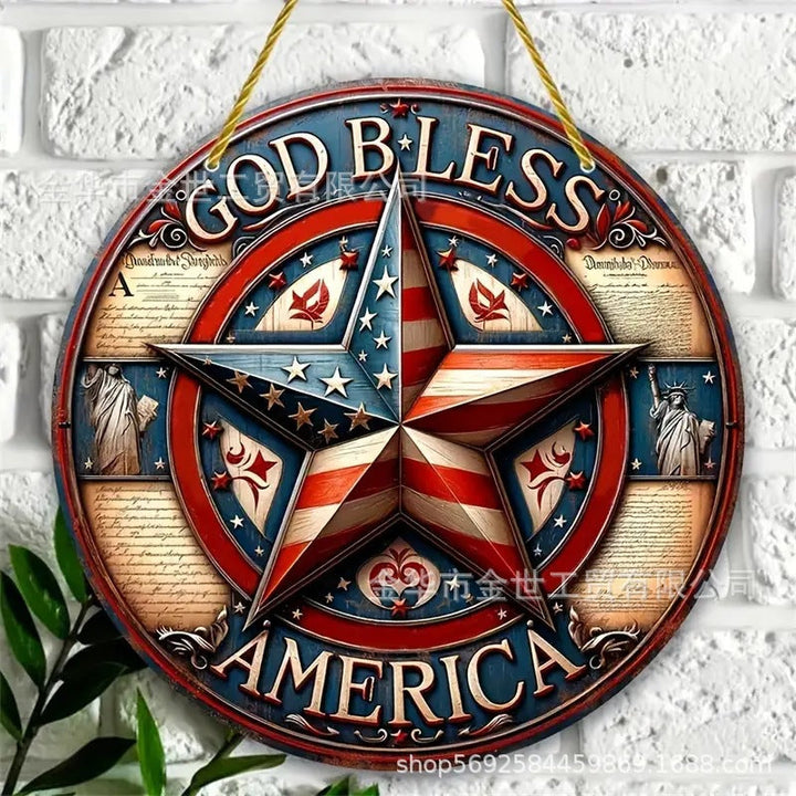 Independence Day rustic round wooden patriotic cross wall plaque with floral accents and God Bless America banner Kalsten