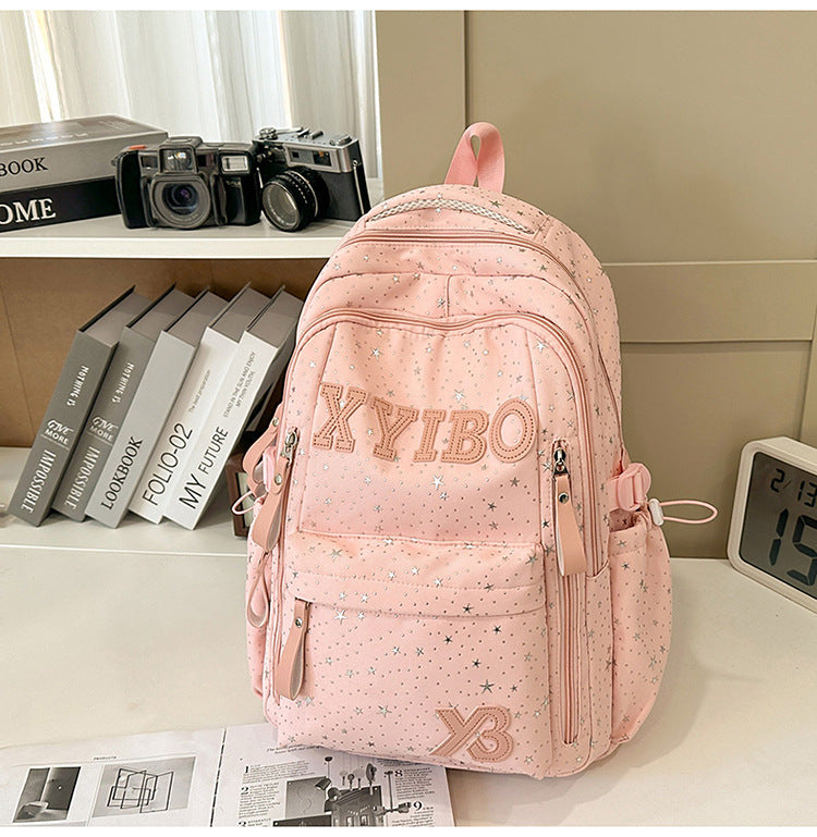 Multi-Pocket Star-Embellished School Backpack