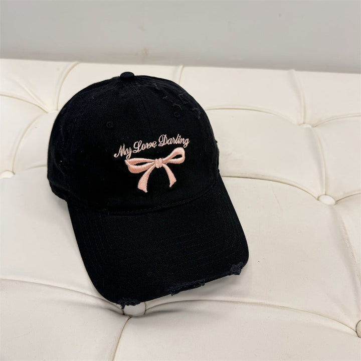 Women's Distressed Cotton Baseball Cap with Bow Embroidery Kalsten
