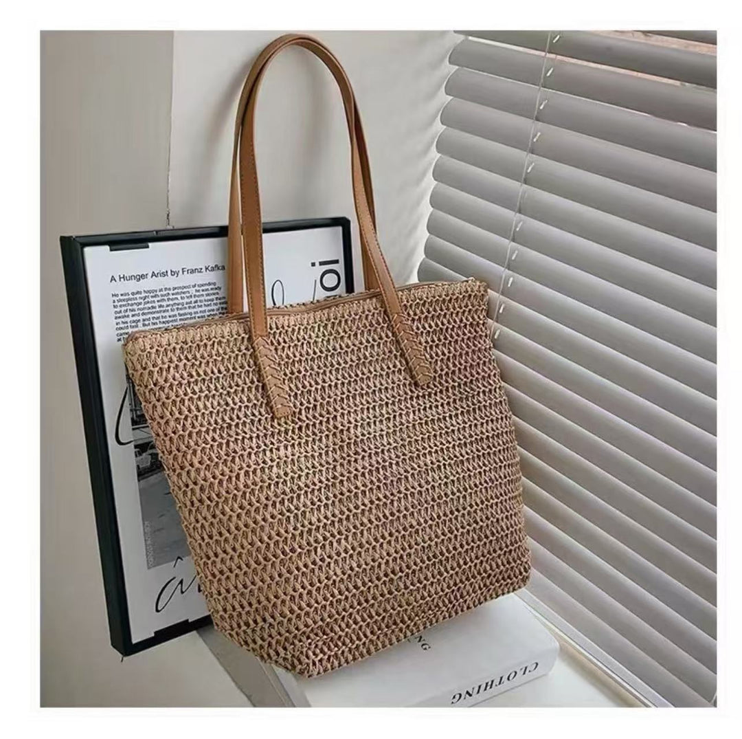 Handbag Made of Woven Natural Material with Leather Carrying Handles Kalsten