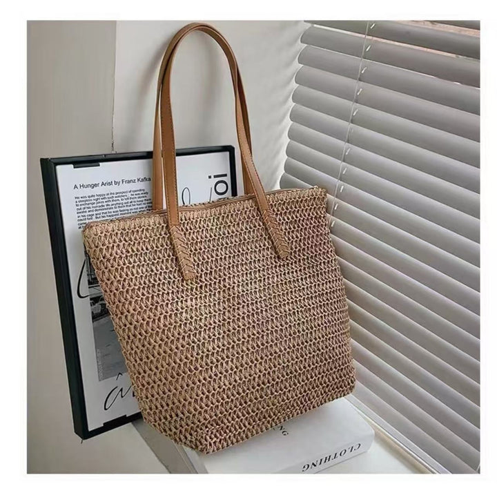 Handbag Made of Woven Natural Material with Leather Carrying Handles Kalsten