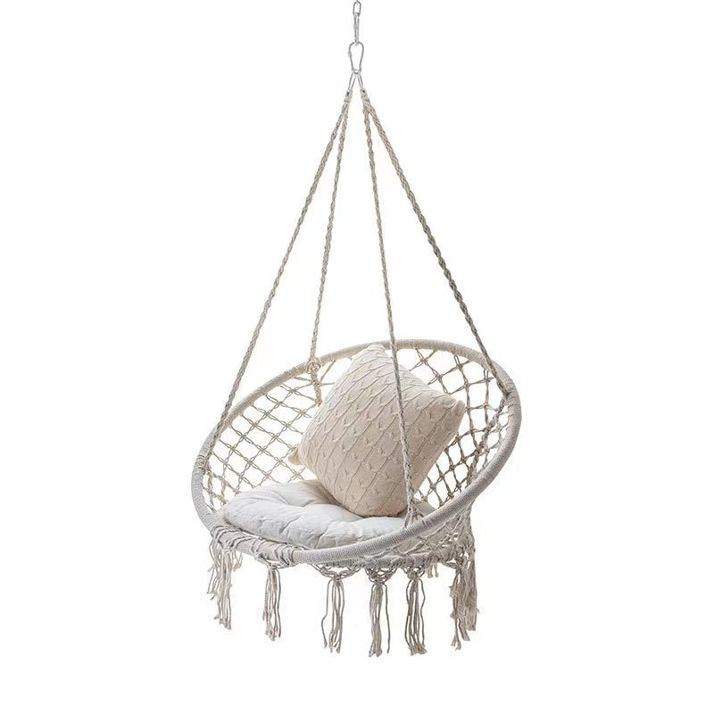 Macrame hanging chair with complete ceiling mounting kit and decorative tassel fringe Kalsten