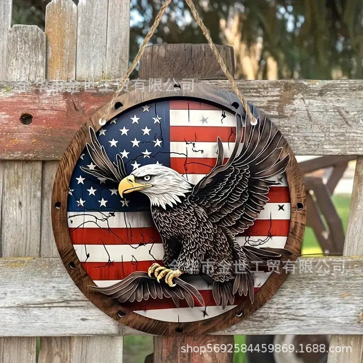 Independence Day rustic round wooden patriotic cross wall plaque with floral accents and God Bless America banner Kalsten