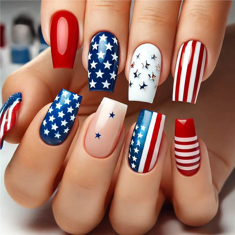 Women's nan patriotic press-on manicure set with mixed star and stripe coffin and square artificial nails Kalsten
