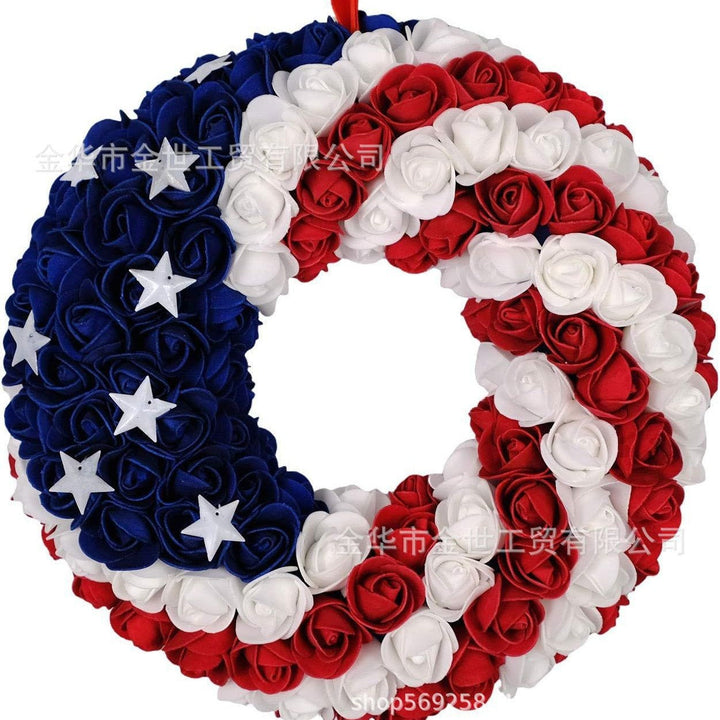 Independence Day rustic round wooden patriotic cross wall plaque with floral accents and God Bless America banner Kalsten