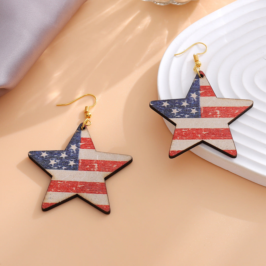 Women's nan star-shaped patriotic wooden dangle earrings with distressed flag print Kalsten
