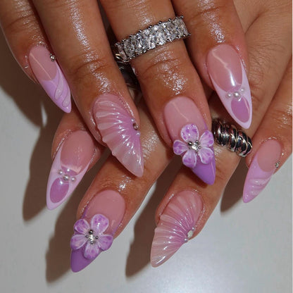 Artistic Stiletto Press-On Nail Art with Floral and Gemstone Accents Acalora
