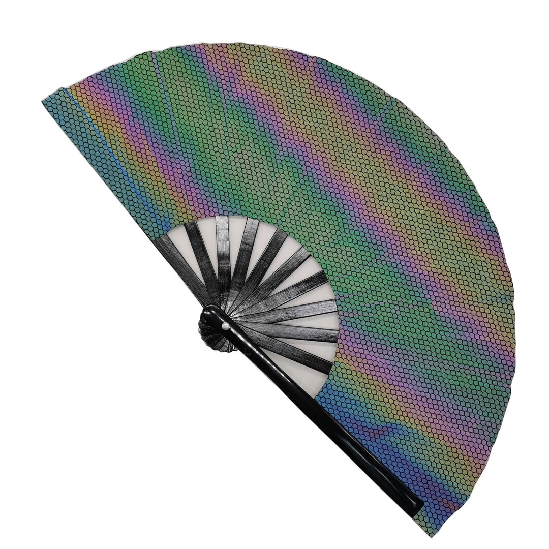 Ladies fan made of lightweight fabric with colorful geometric design Kalsten