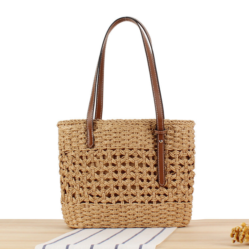 Handbag Made of Handwoven Straw with Elegant Faux Leather Handles Kalsten