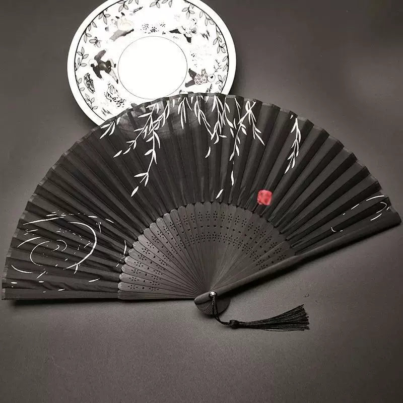 Women One Size Handmade Bamboo Pleated Fan with Hand-Painted Calligraphic Willow Pattern and Decorative Tassels