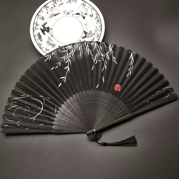 Women One Size Handmade Bamboo Pleated Fan with Hand-Painted Calligraphic Willow Pattern and Decorative Tassels