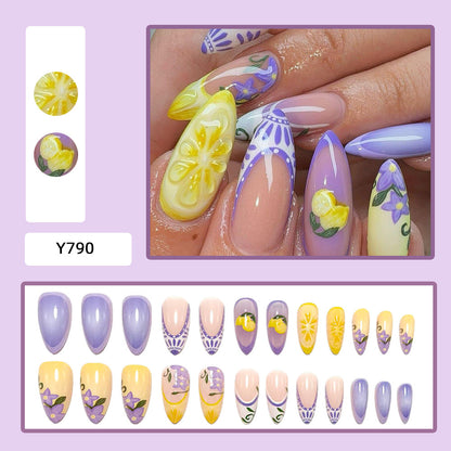 Artificial nails with creative lemon and lilac design Acalora