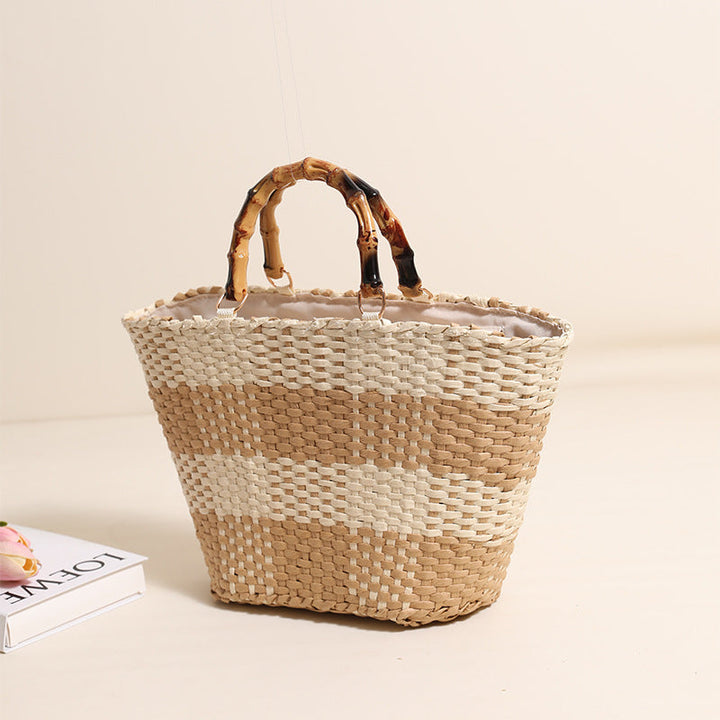 Braided bast bag with bamboo handle and decorative lining Kalsten