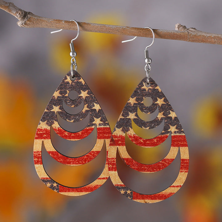 Women's nan patriotic teardrop wooden dangle earrings with star stripe cutout Kalsten