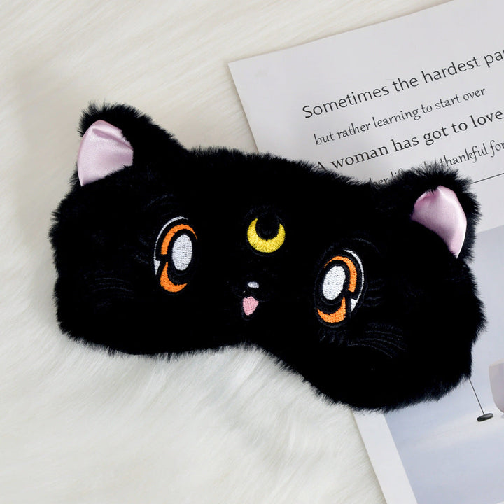 Women's fluffy sleep mask with embroidered cat design and soft comfort ears Kalsten