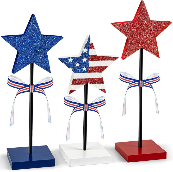 Unisex decorative table toppers made of wood with glittering star tops and ribbon Kalsten