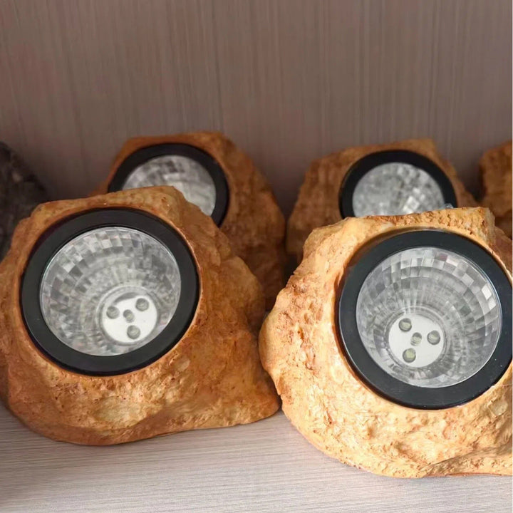 Solar-Powered LED Faux-Rock Garden Spotlight With Integrated Solar Panel And Weatherproof Textured Resin Housing Kalsten