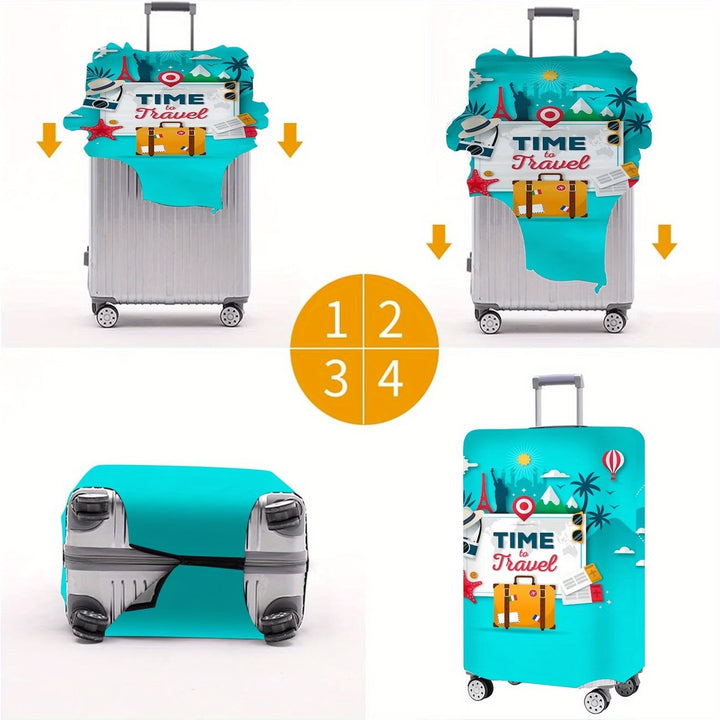 Unisex nan elastic motive suitcase protection in retro travel poster design with zipper and anti-slip attachment for spinner trolleys Kalsten