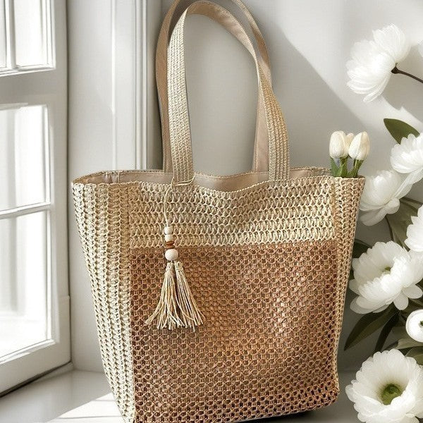 Handcrafted straw bag with tassels Kalsten