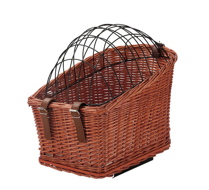 front-mount wicker bicycle pet carrier basket with foldable metal safety dome and adjustable leather buckle straps Kalsten