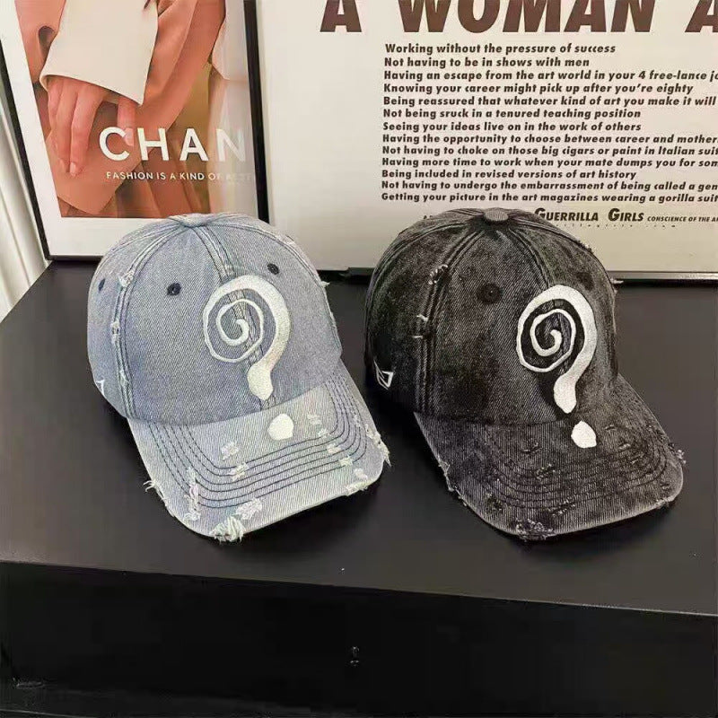 Women's Distressed Denim Baseball Cap with Graphic Design Kalsten