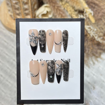 Artistic Stiletto Press-On Nail Set with Floral and Geometric Accents Acalora
