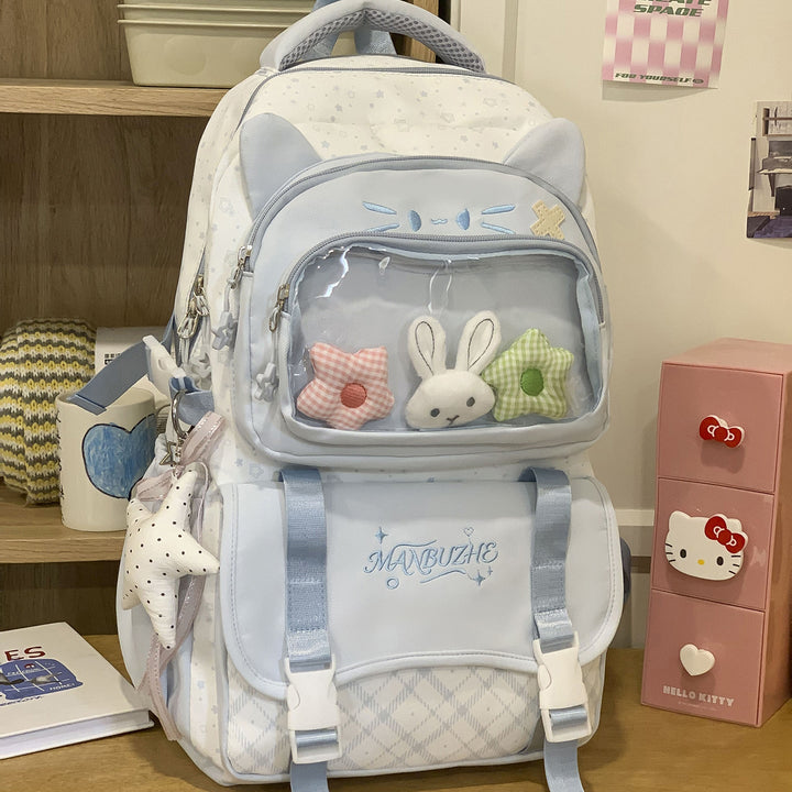 Cute Cat-Themed Multi-Compartment School Backpack