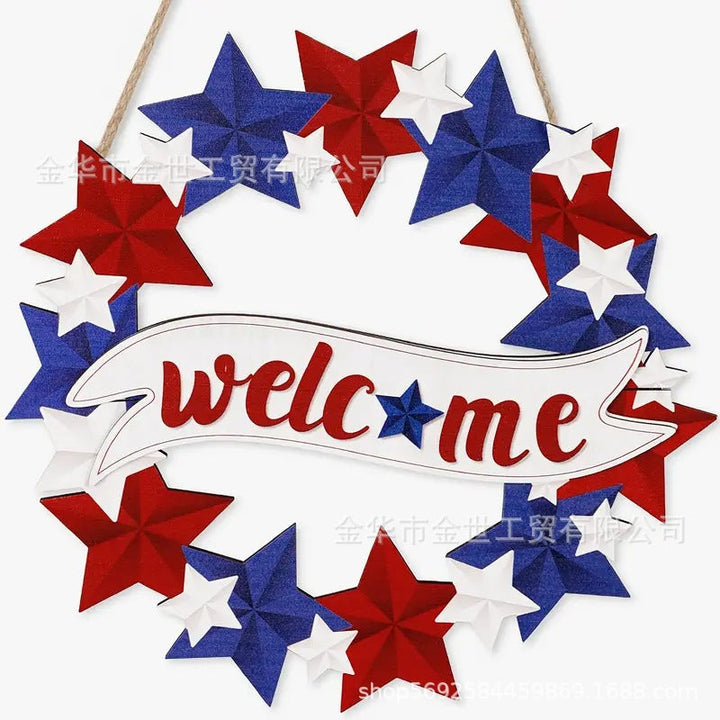 Independence Day rustic round wooden patriotic cross wall plaque with floral accents and God Bless America banner Kalsten