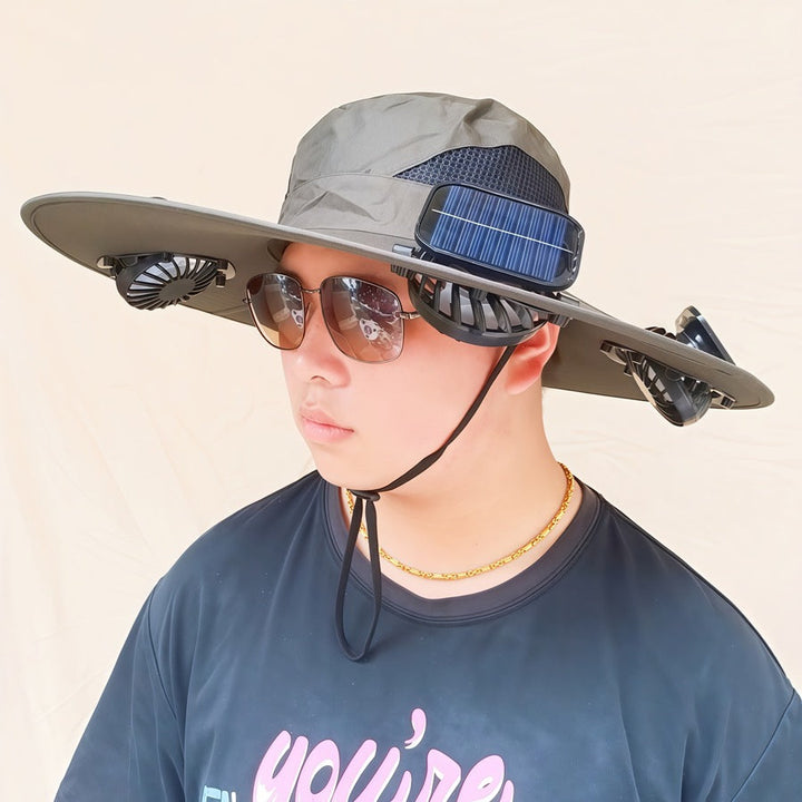 Wide-brimmed sun hat with detachable swivel solar fans and adjustable chin strap Kalsten