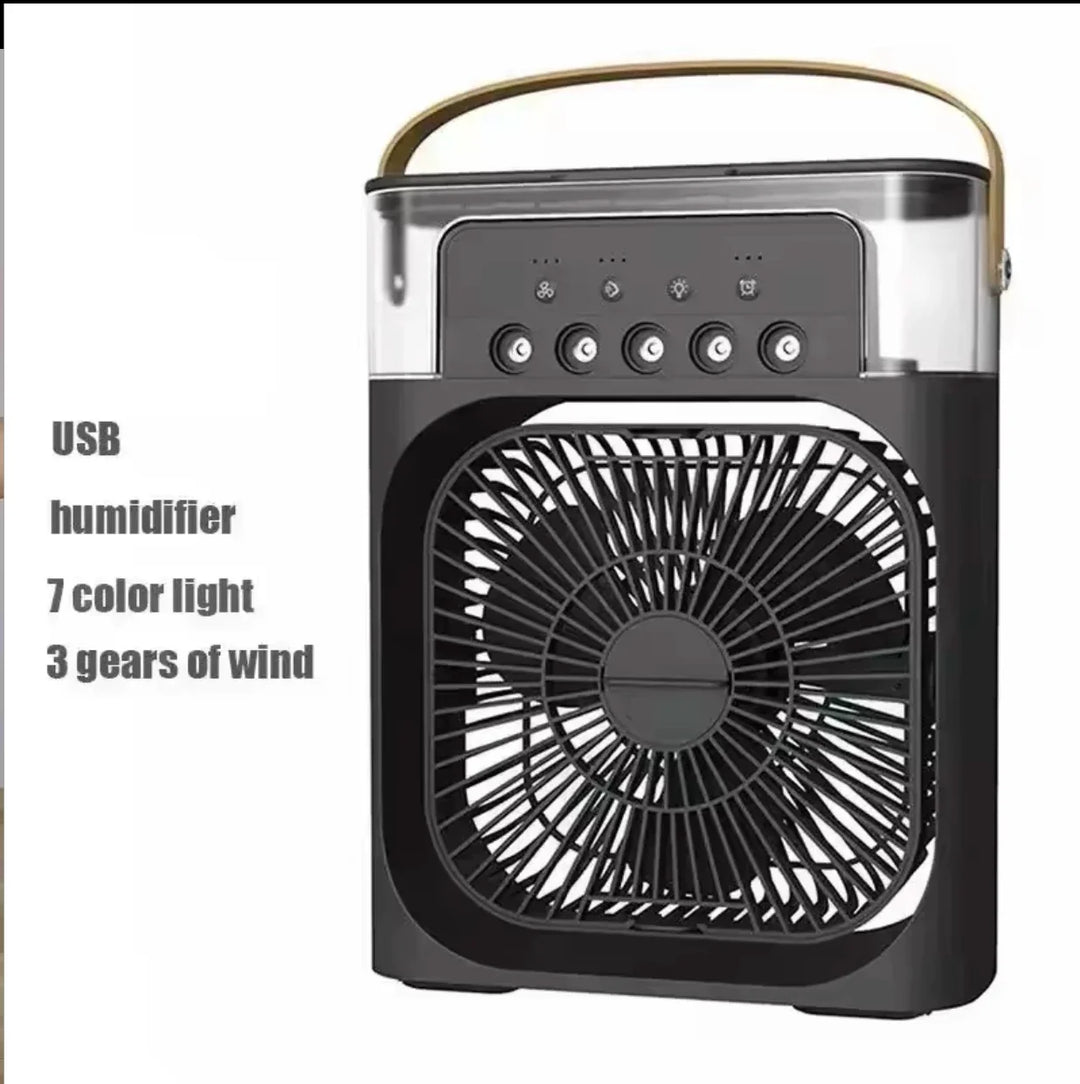 Unisex one-size portable USB humidifying fan with three speed settings and seven-color LED lighting