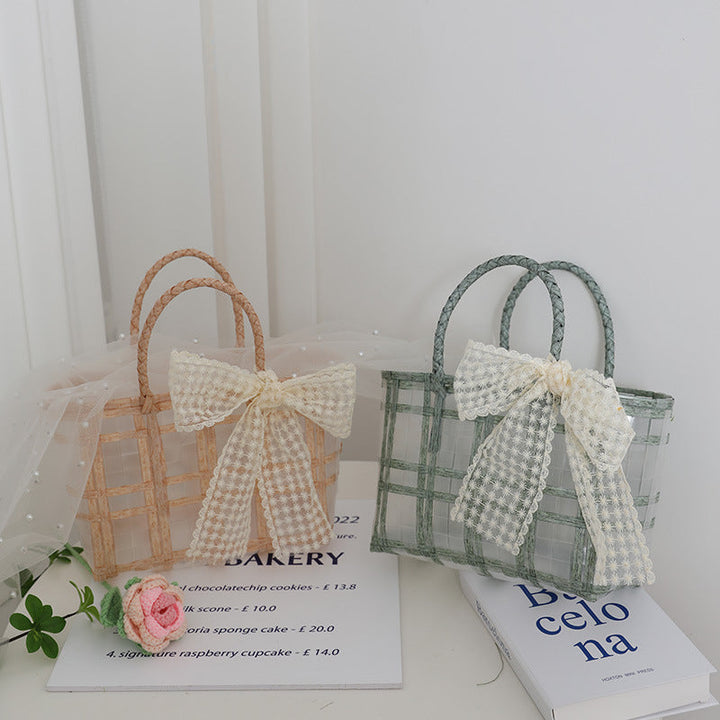Handcrafted basket bag with elegant bow applique Kalsten