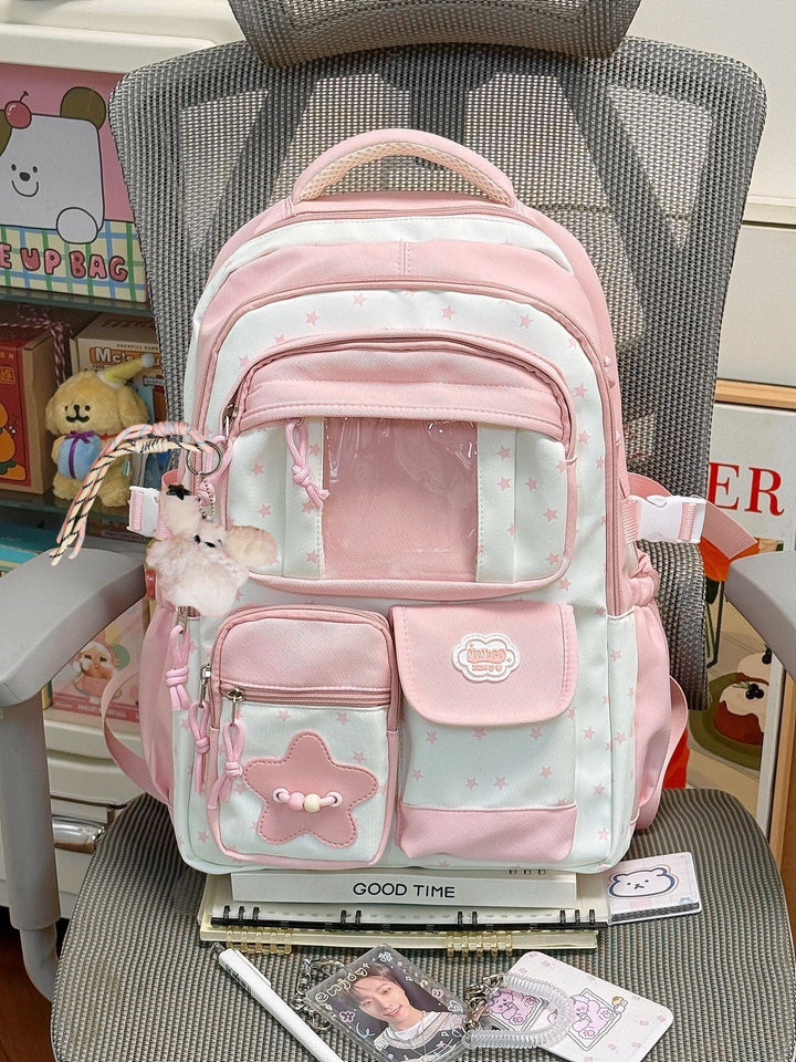 Cute Star-Print Multi-Pocket School Backpack