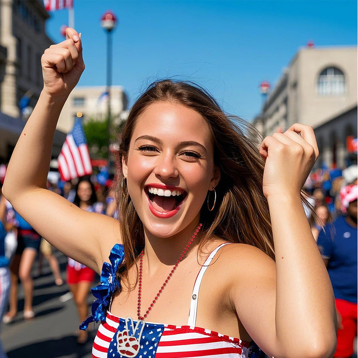 Women's nan glittered layered circular patriotic pendant necklace with beaded chain and star medallion Kalsten
