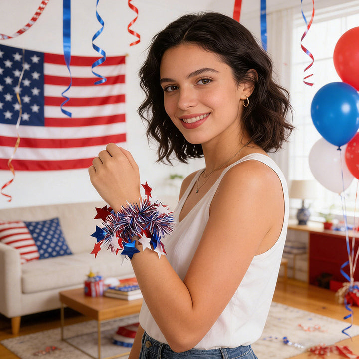 Unisex nan patriotic tinsel pom pom wristband bracelet with star confetti Kalsten
