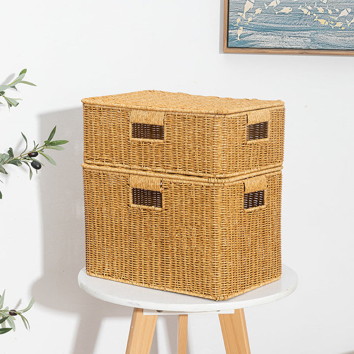 Women's Rectangular Storage Basket with Lid made of Natural Material Kalsten